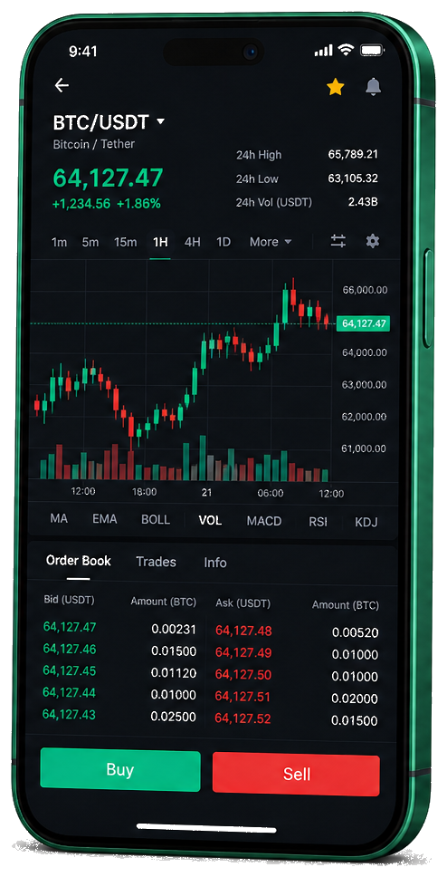 Pellerio AI mobile trading platform — live BTC/USDT chart, order book and buy/sell interface